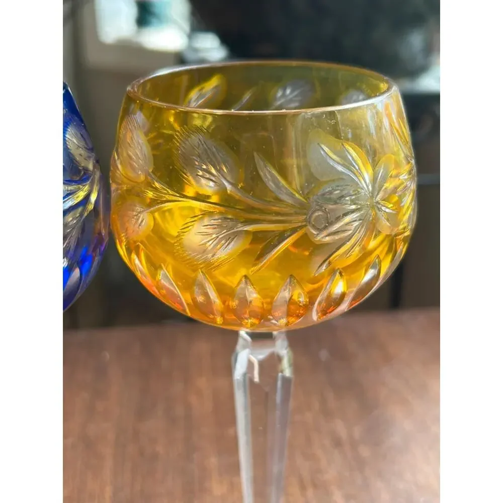 German Crystal Stemware golden yellow & blue Wine Glasses - Set of 2